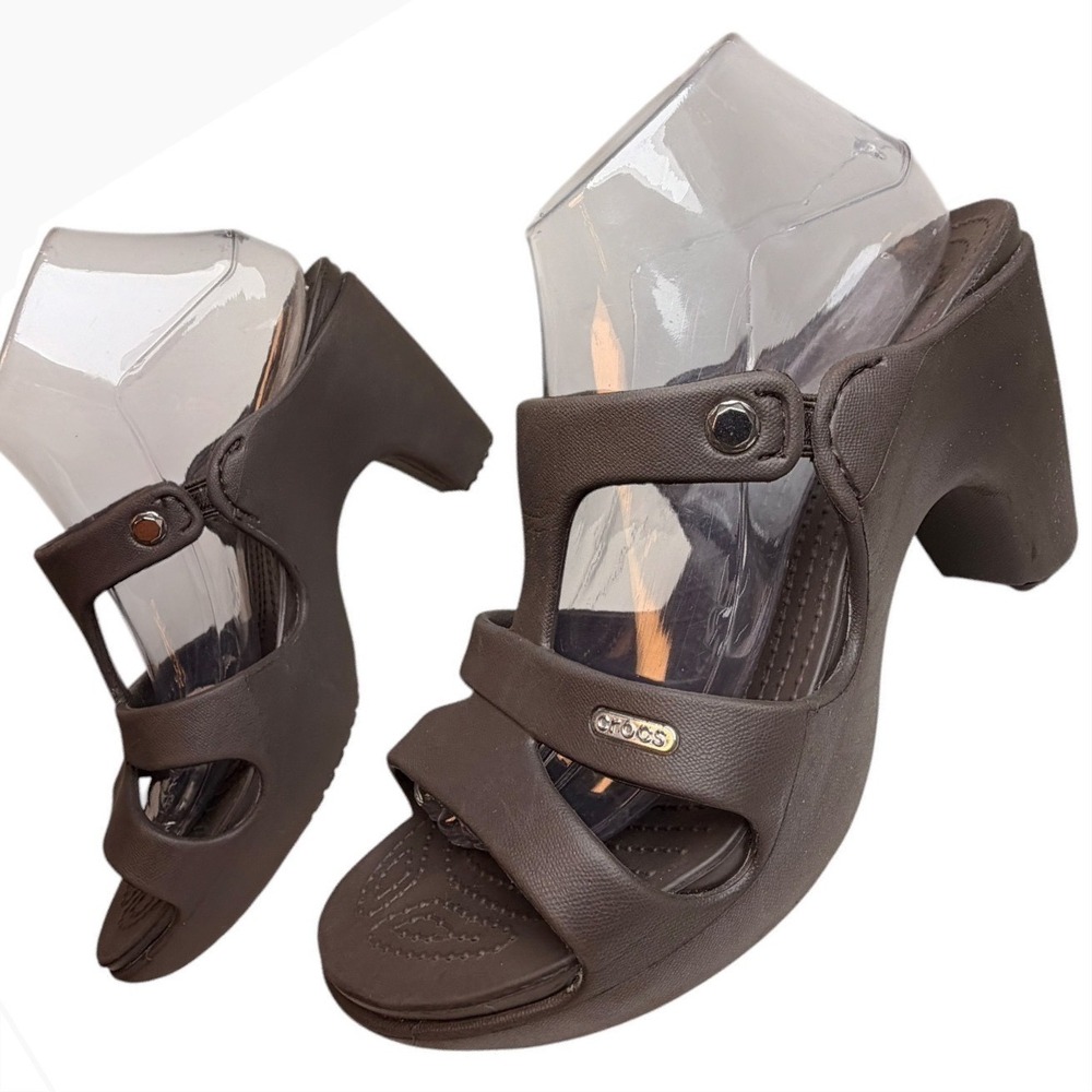 Crocs Cyprus V Heels Brown Womens 10 Croslite Block Heel Sandals Comfort